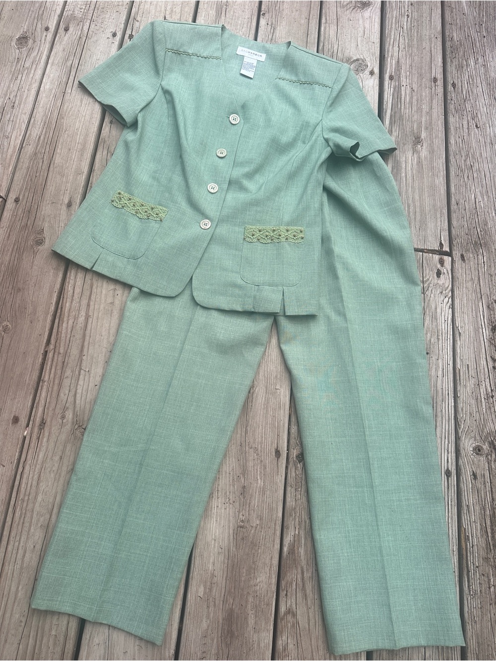 Vintage 80s Sage Green Sag Harbor Pantsuit with Lace Trim Pockets, Size 8
